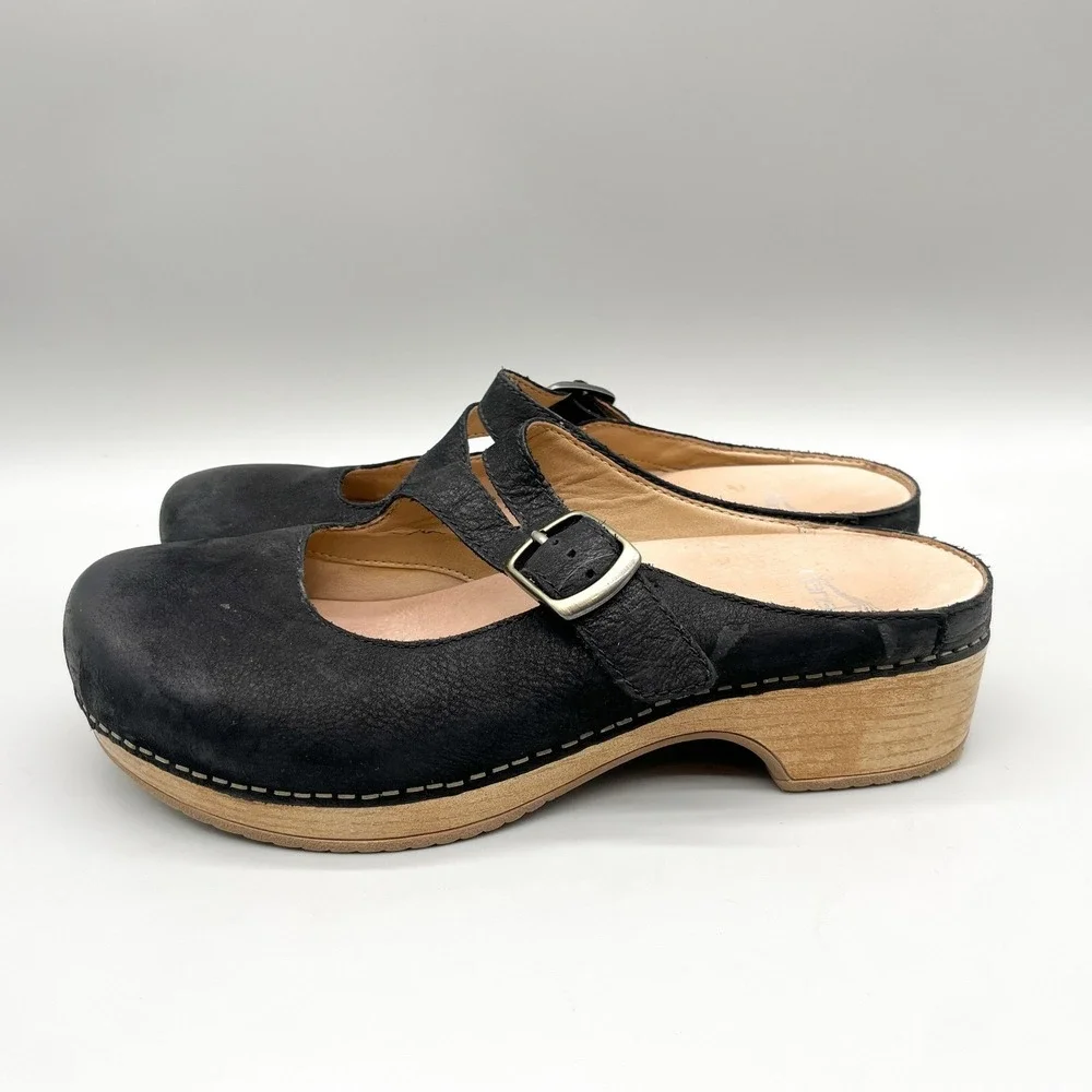Dansko Womens 39 Britney Mary Jane Clogs Black Nubuck Platform Boho Nurse Retro